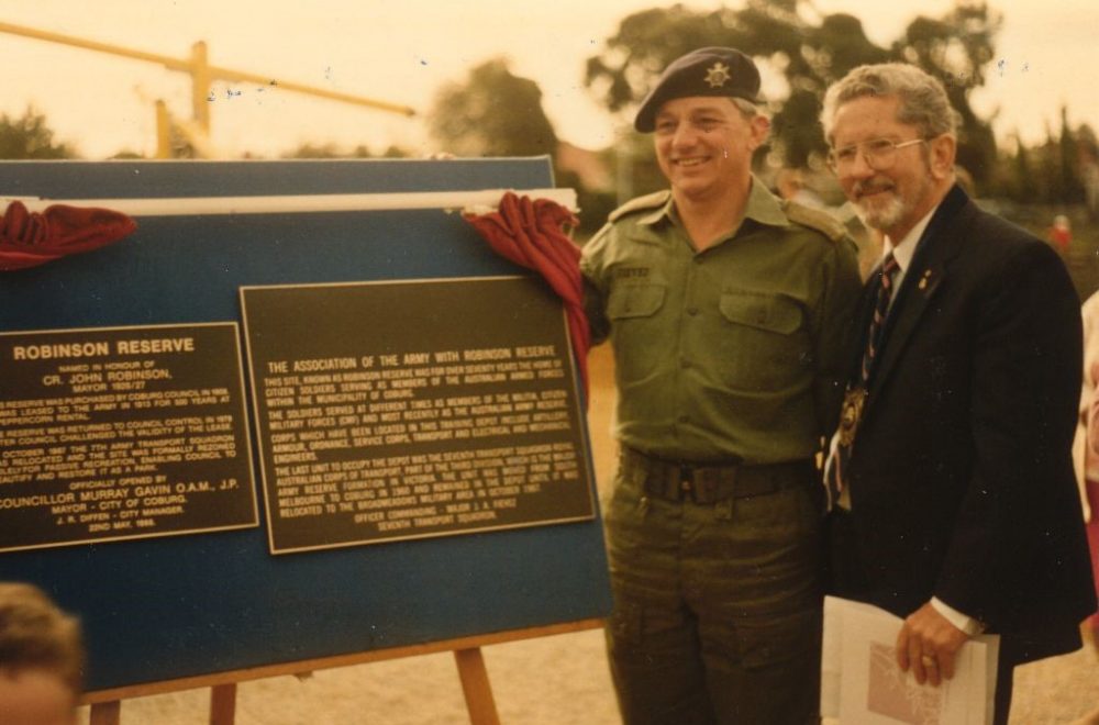 1988 Army Drill Hall Robinson Reserve Coburg unveiling of commemorative plaque by Coburg Mayor Cr Gavin and Army Major